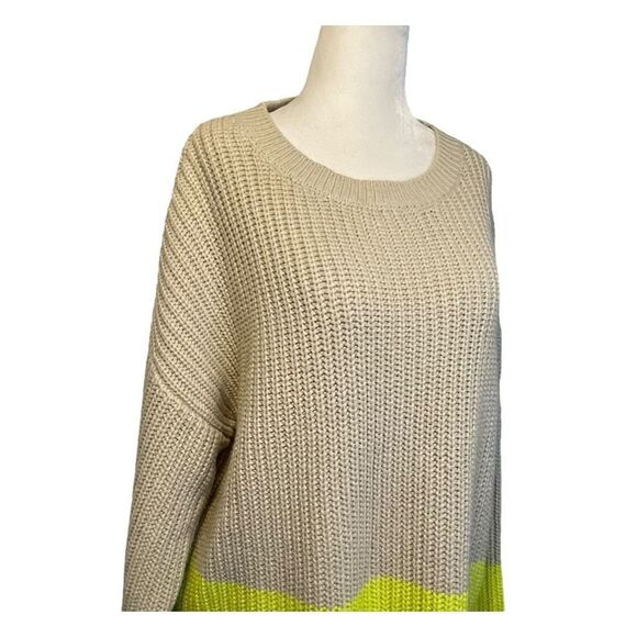 Lush Color Block Sweater Tan Lime Green Chunky Knit Crewneck Long Sleeve M - Picture 2 of 7